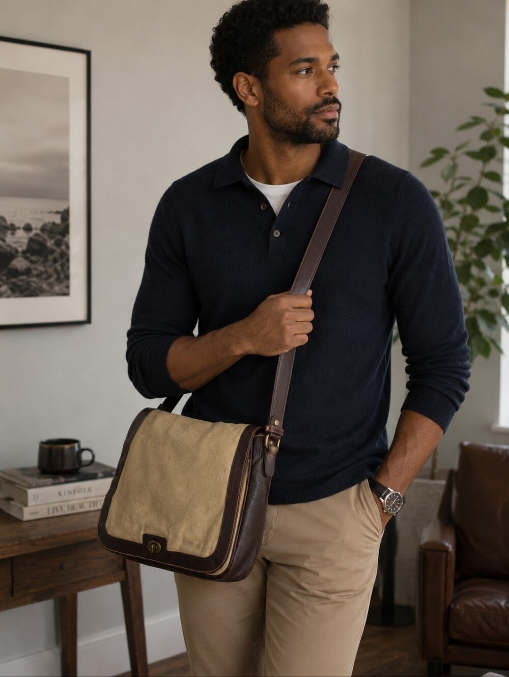 Franklin Covey Canvas Messenger Bag in Tan and Dark Brown